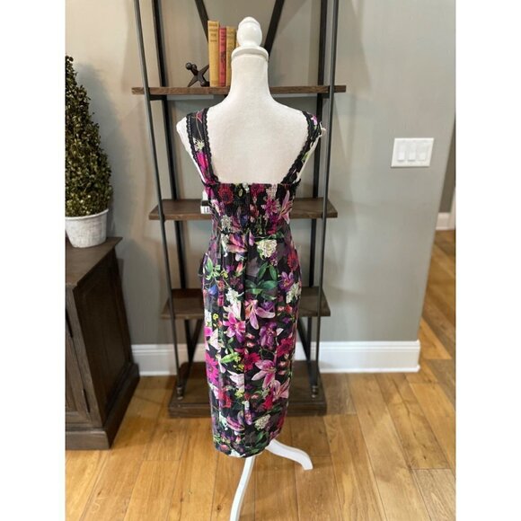 Marchesa Notte Floral Print Tea Length Sheath Midi Dress Black Womens 2 - Picture 11 of 16